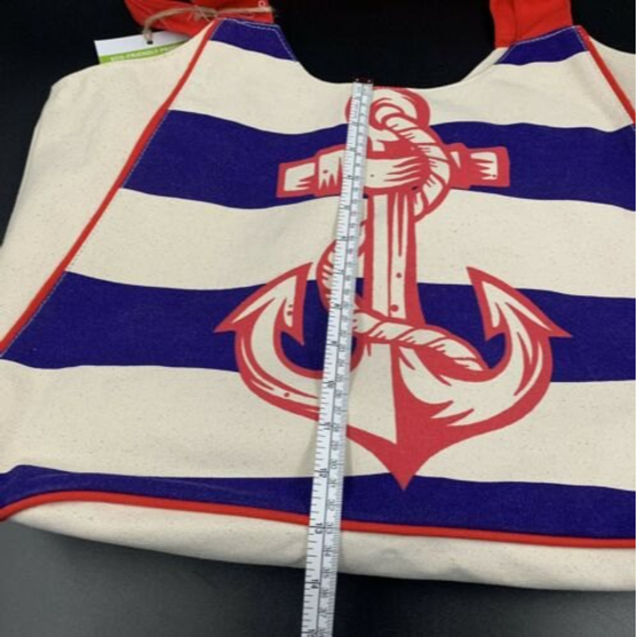 RGS Eco Friendly Large Canvas Anchor Print Blue & White Stripe Red Beach Bag NWT - Picture 6 of 7